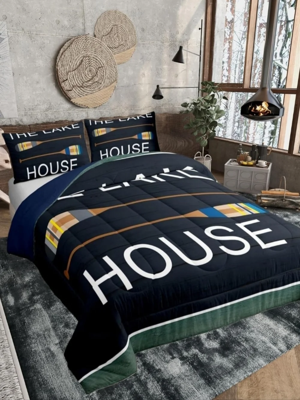 Navy 'The Lake House' Paddle Print t Comforter Set Queen Nwt Bedding